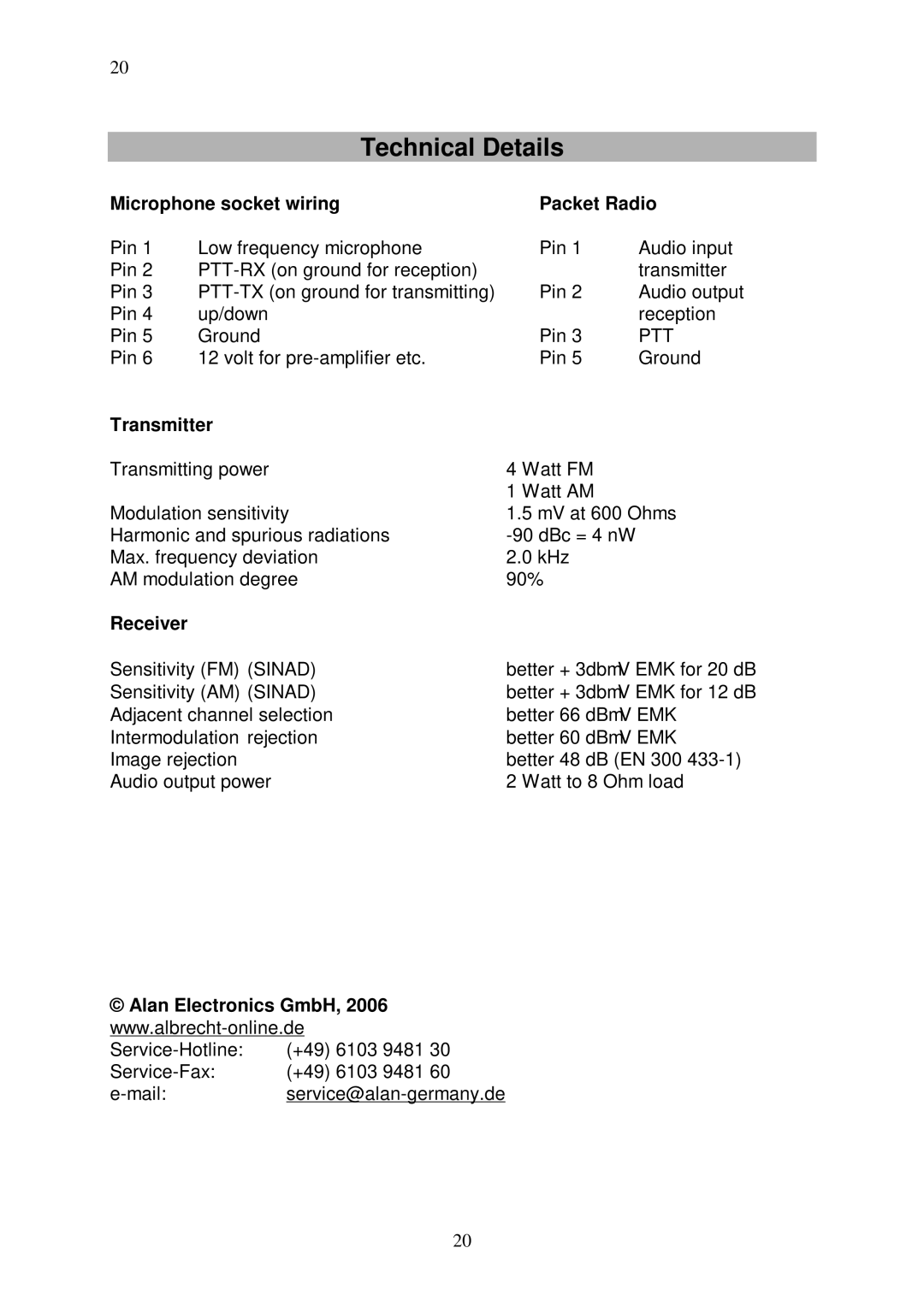 Duracell AE 5090 manual Technical Details, Microphone socket wiring Packet Radio, Transmitter, Receiver 