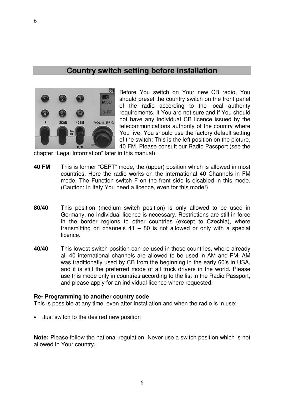 Duracell AE 5090 manual Country switch setting before installation, Re- Programming to another country code 