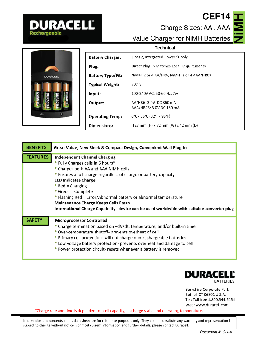 Duracell CEF14NC dimensions NiMH, Safety 