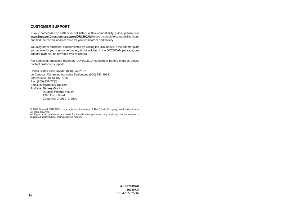 Duracell DRCHCAM user manual Customer Support 