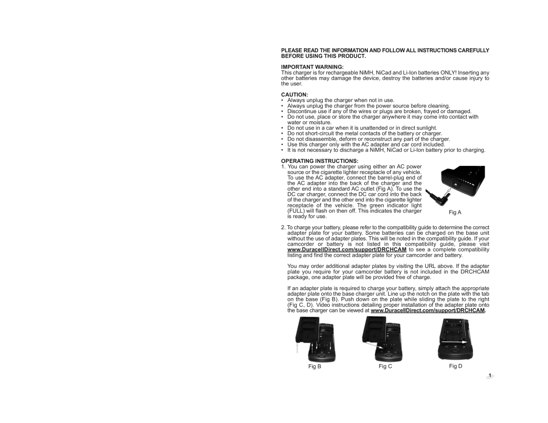 Duracell DRCHCAM user manual Important Warning, Fig a 