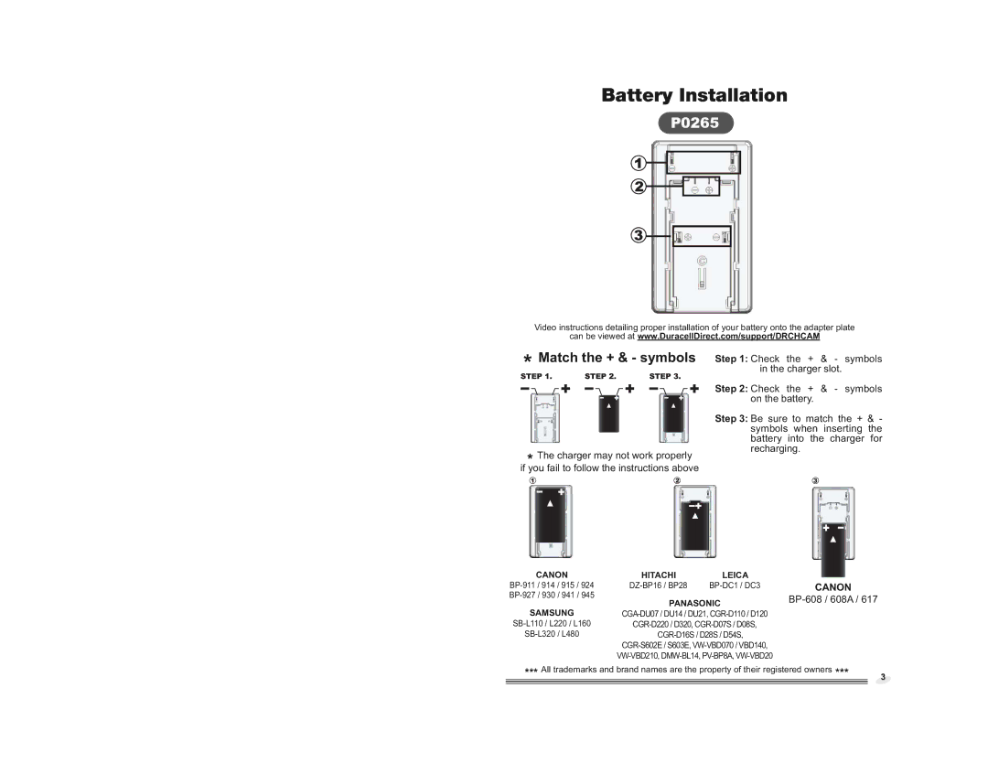 Duracell DRCHCAM user manual Battery Installation, BP-608 / 608A 