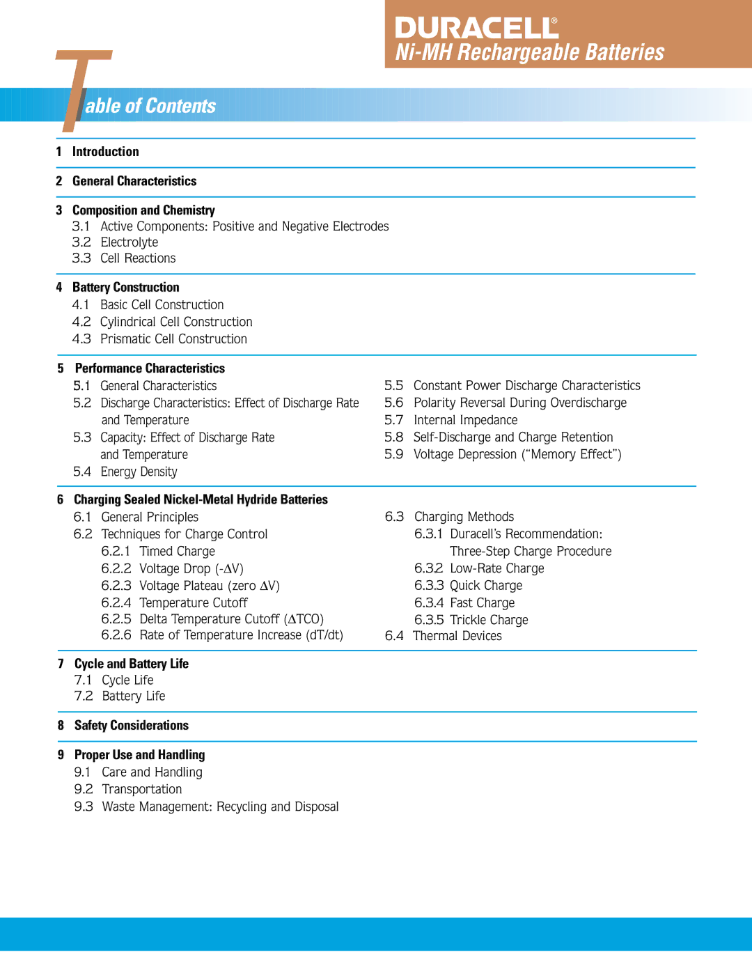 Duracell manual Ni-MH Rechargeable Batteries, Able of Contents 