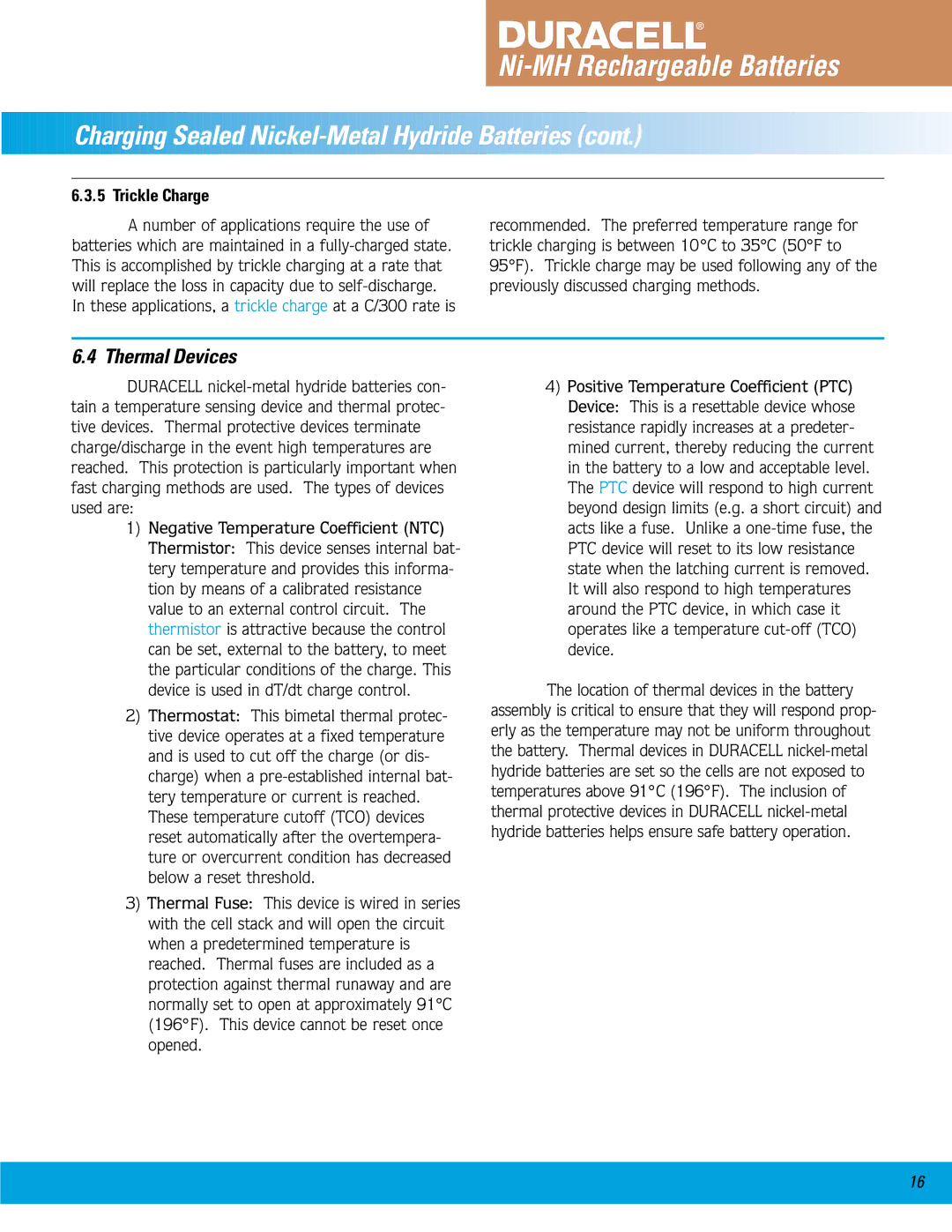 Duracell Ni-MH manual Thermal Devices, Trickle Charge 