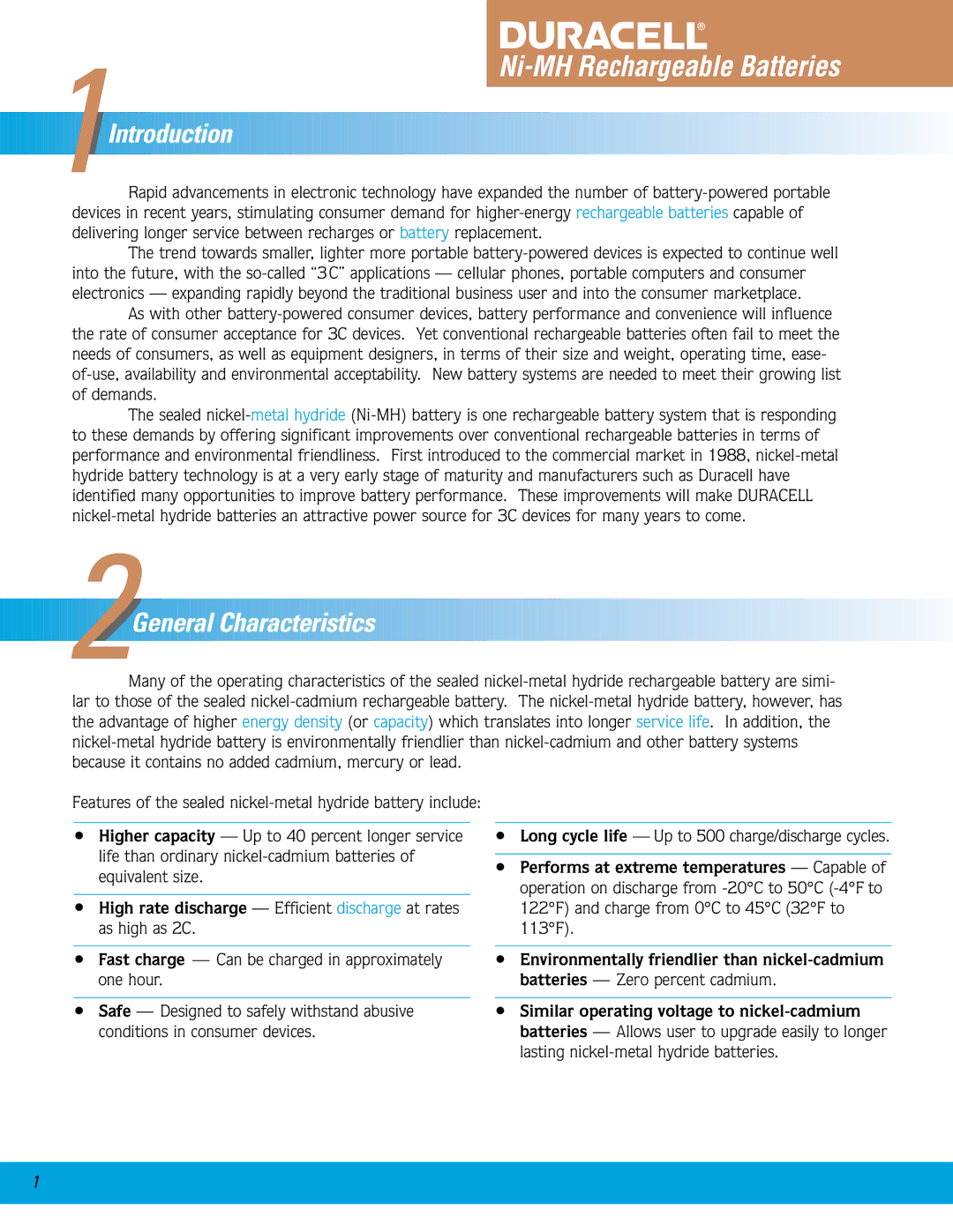 Duracell manual Ni-MH Rechargeable Batteries 1 Introduction 