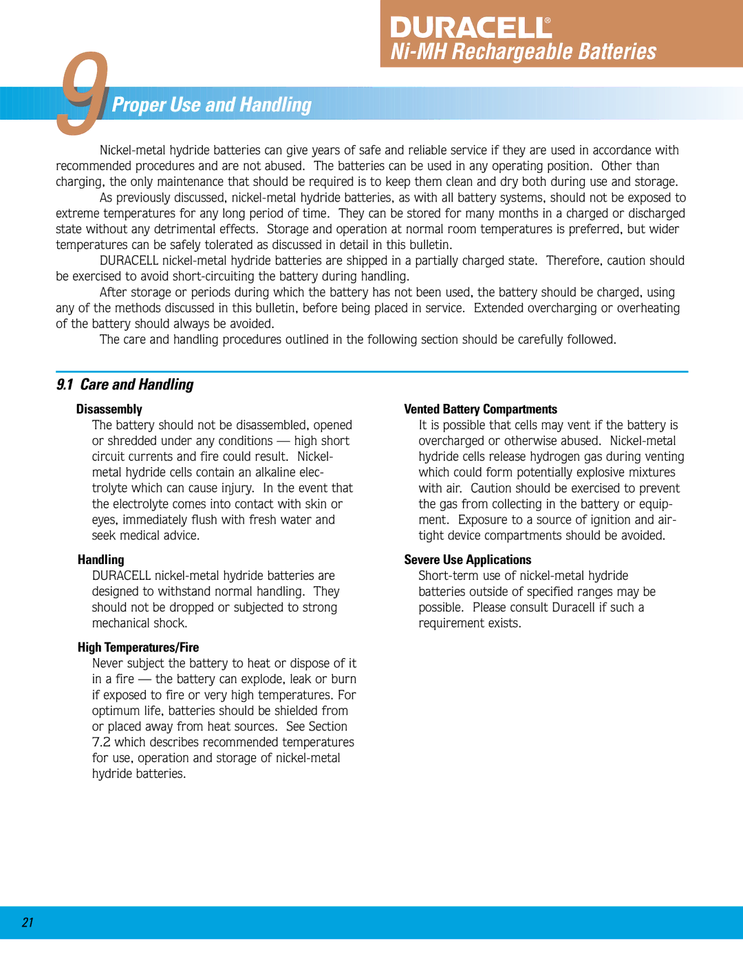 Duracell Ni-MH manual Care and Handling 