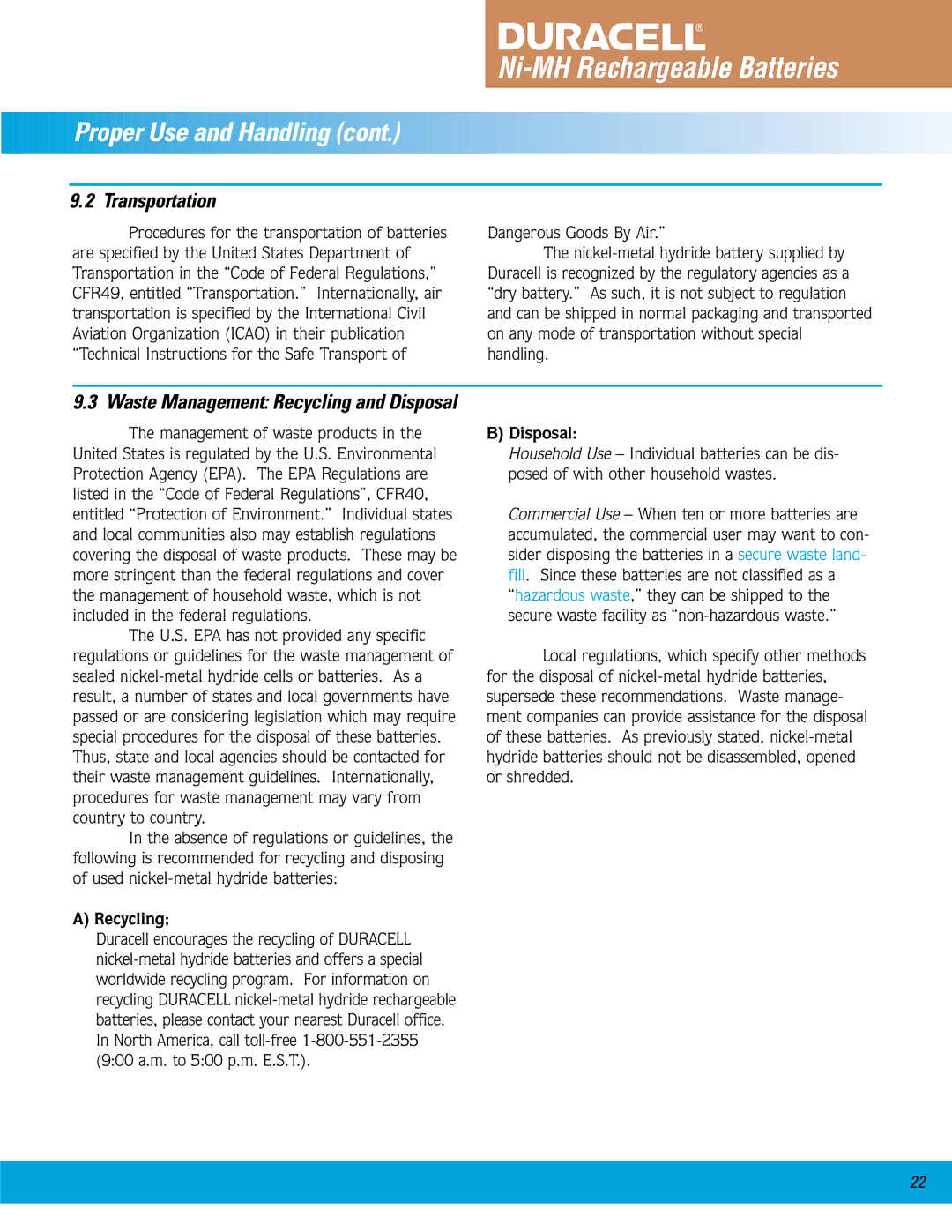 Duracell Ni-MH manual Proper Use and Handling, Transportation 