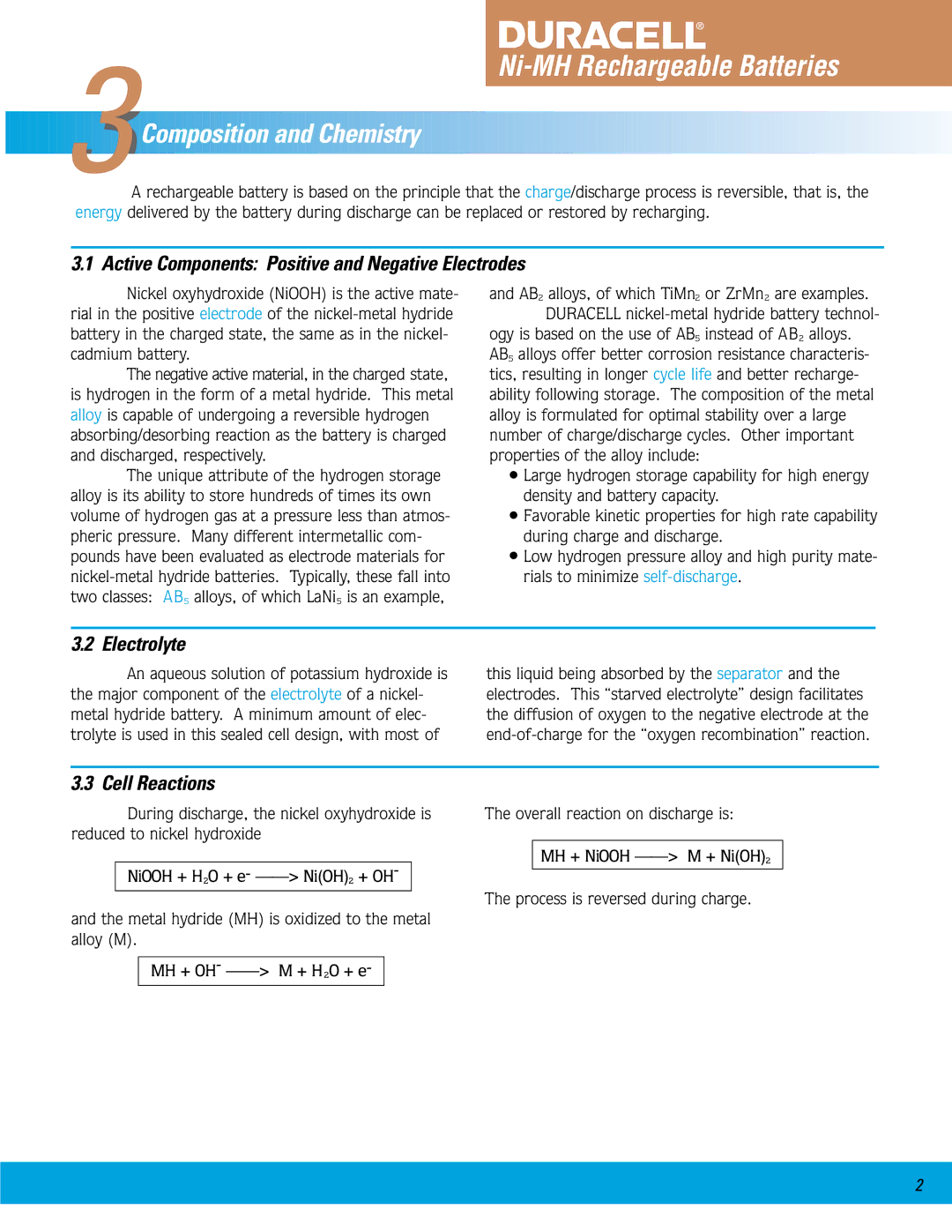 Duracell Ni-MH manual Active Components Positive and Negative Electrodes, Electrolyte, Cell Reactions 