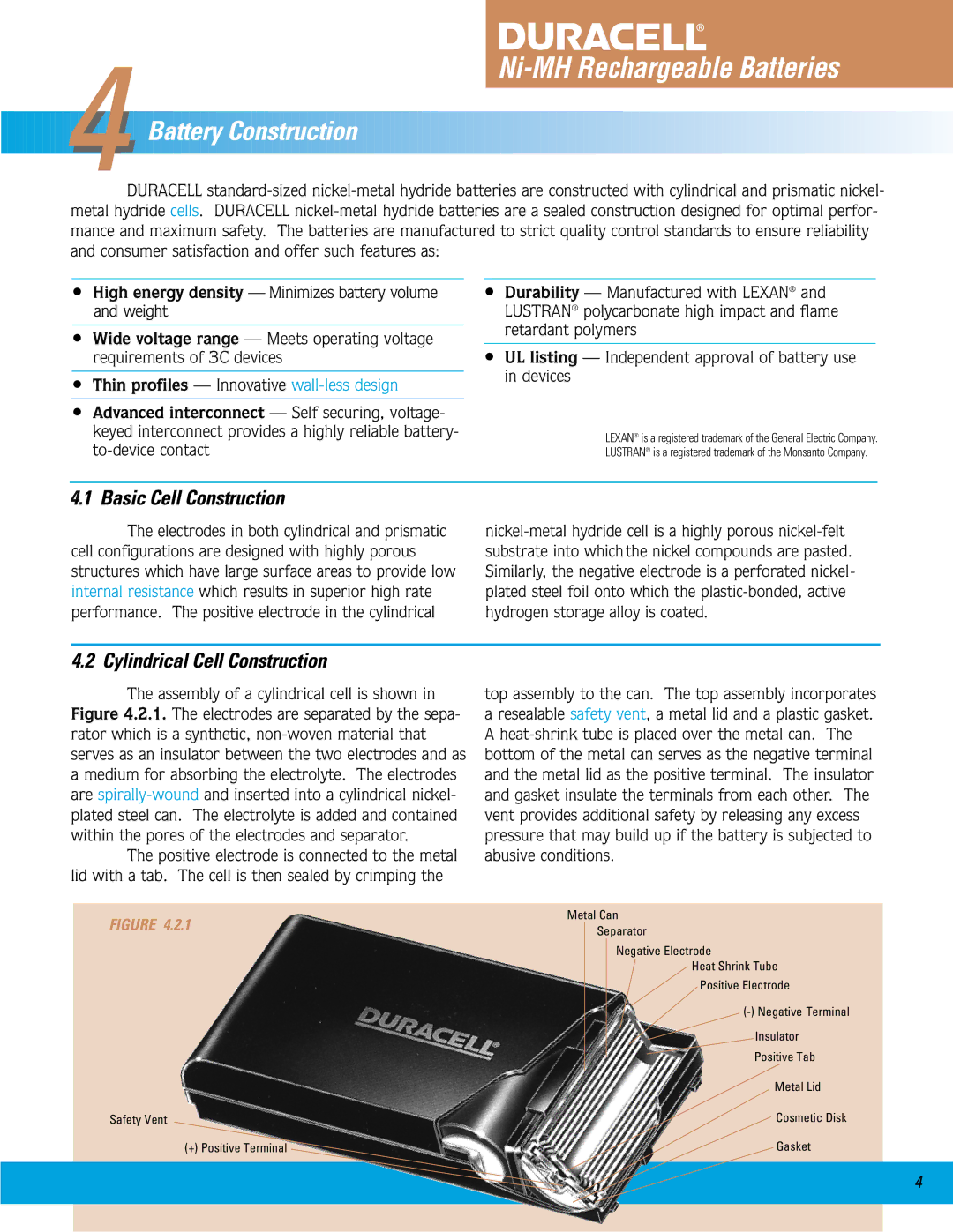 Duracell Ni-MH manual Basic Cell Construction, Cylindrical Cell Construction 