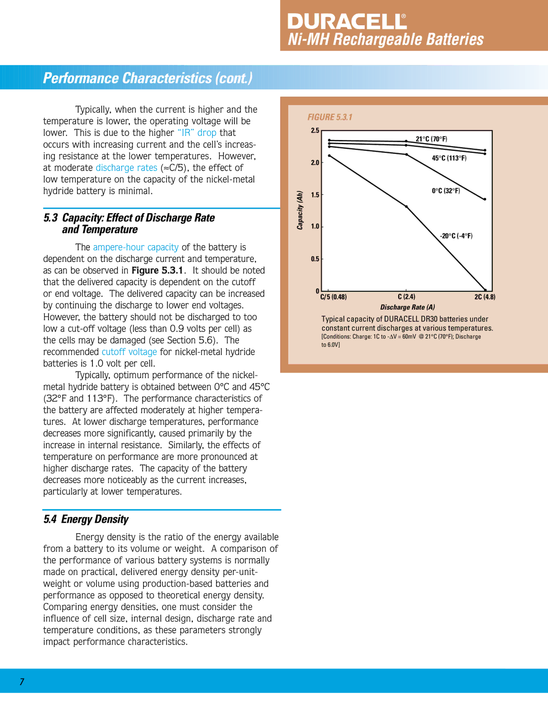 Duracell Ni-MH manual Pe rformance Characteristics, Capacity Effect of Discharge Rate and Temperature, Energy Density 