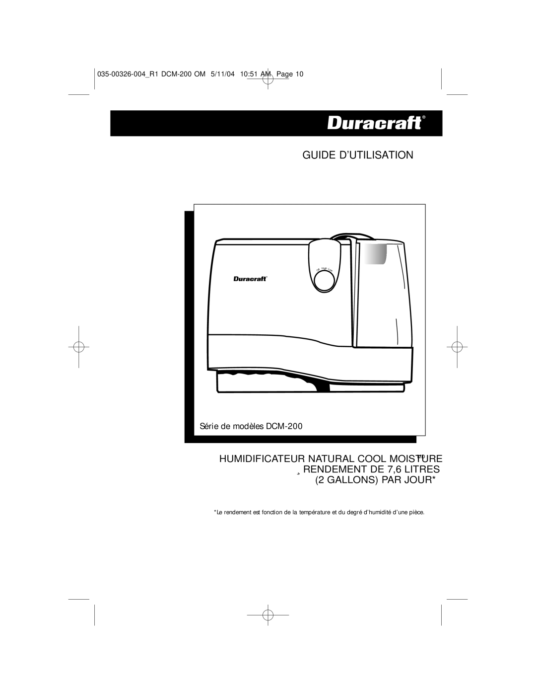 Duracraft DCM-200 owner manual Guide Dutilisation, Humidificateur Natural Cool Moisturemd 