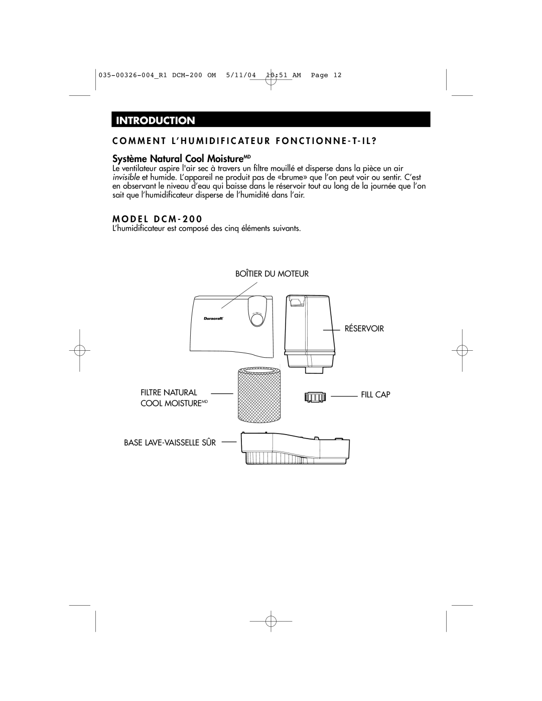 Duracraft DCM-200 owner manual Système Natural Cool MoistureMD 