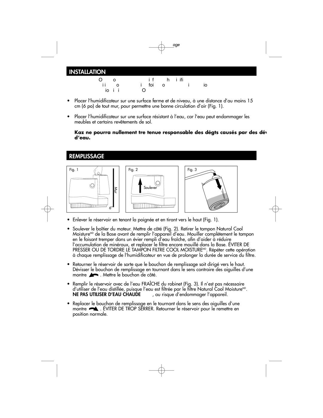 Duracraft DCM-200 owner manual Installation, Remplissage 