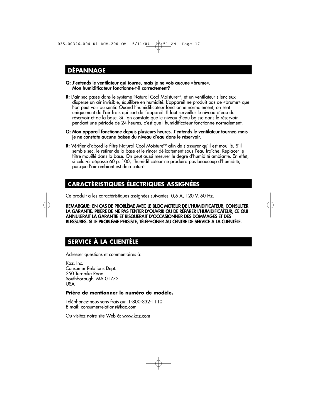 Duracraft DCM-200 owner manual Dépannage, Caractéristiques Électriques Assignées, Service À LA Clientèle 