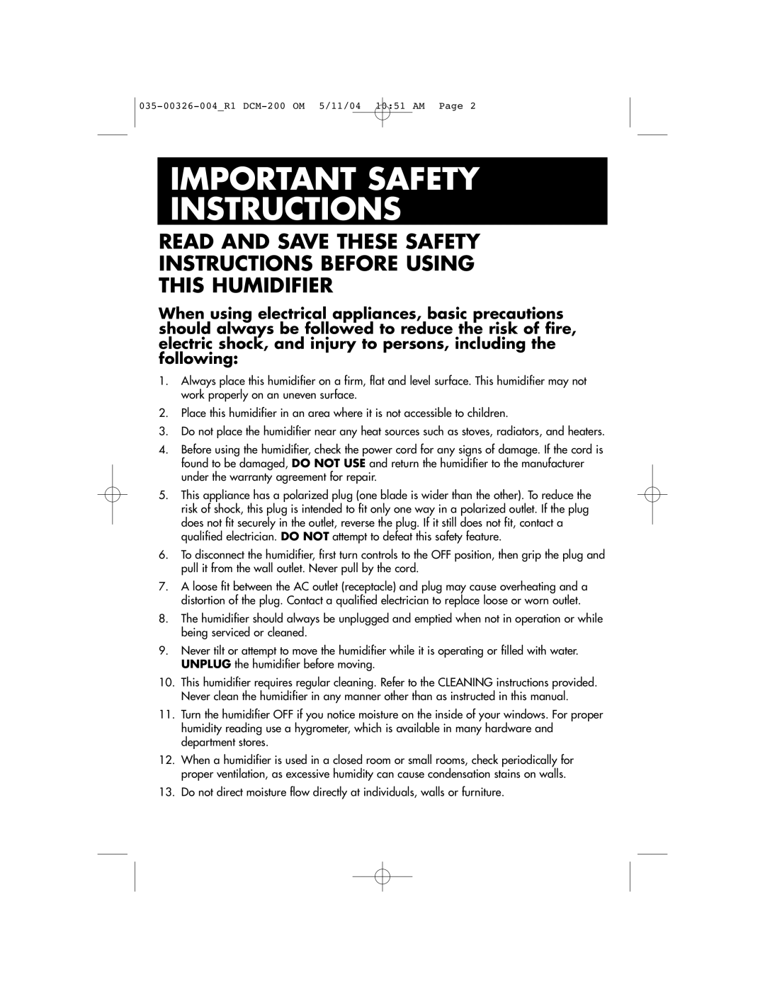 Duracraft DCM-200 owner manual Important Safety Instructions 