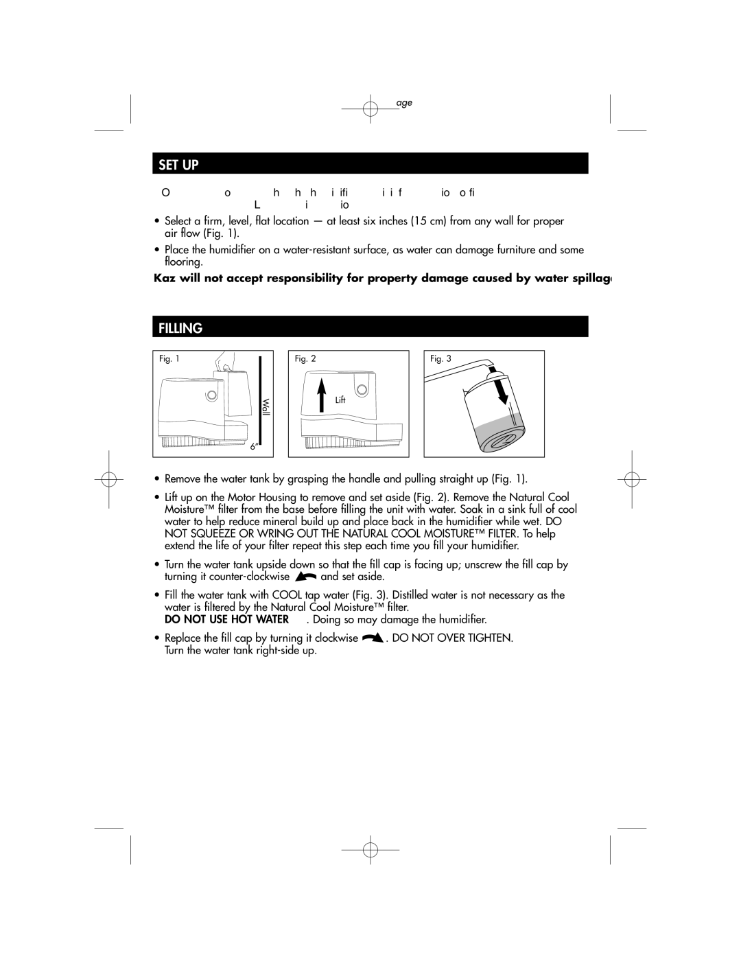 Duracraft DCM-200 owner manual Set Up, Filling 