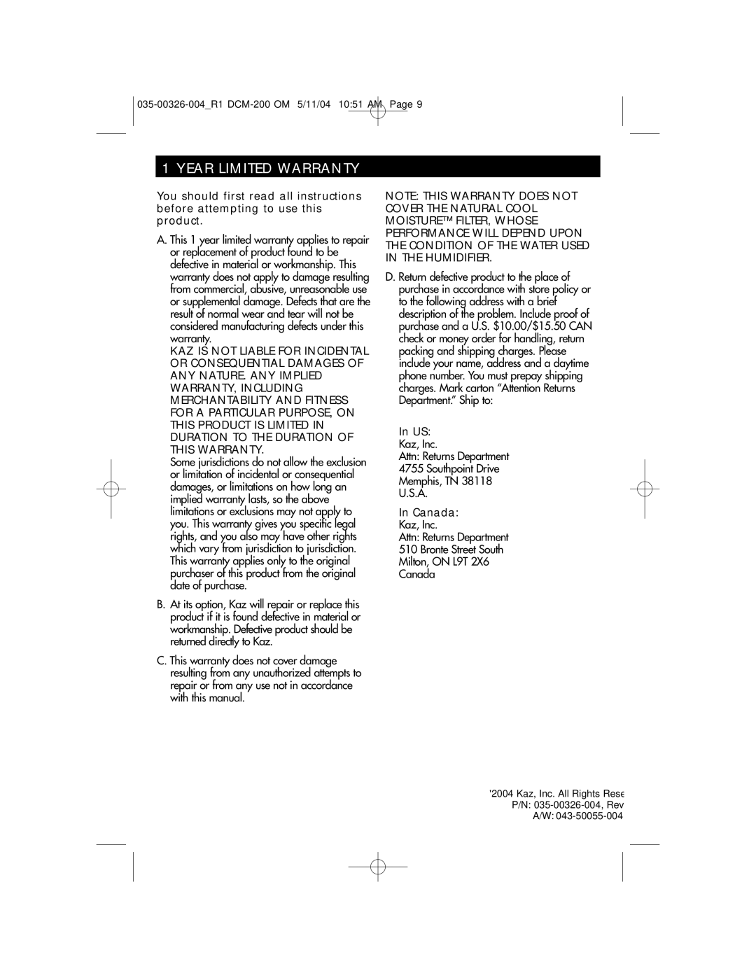 Duracraft DCM-200 owner manual Year Limited Warranty, Canada 