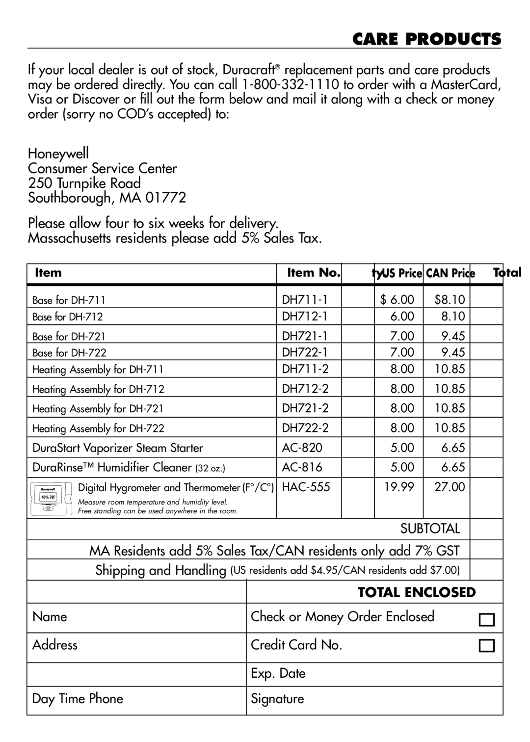 Duracraft DH-712, DH-711, DH-721, DH-722 owner manual Care Products 