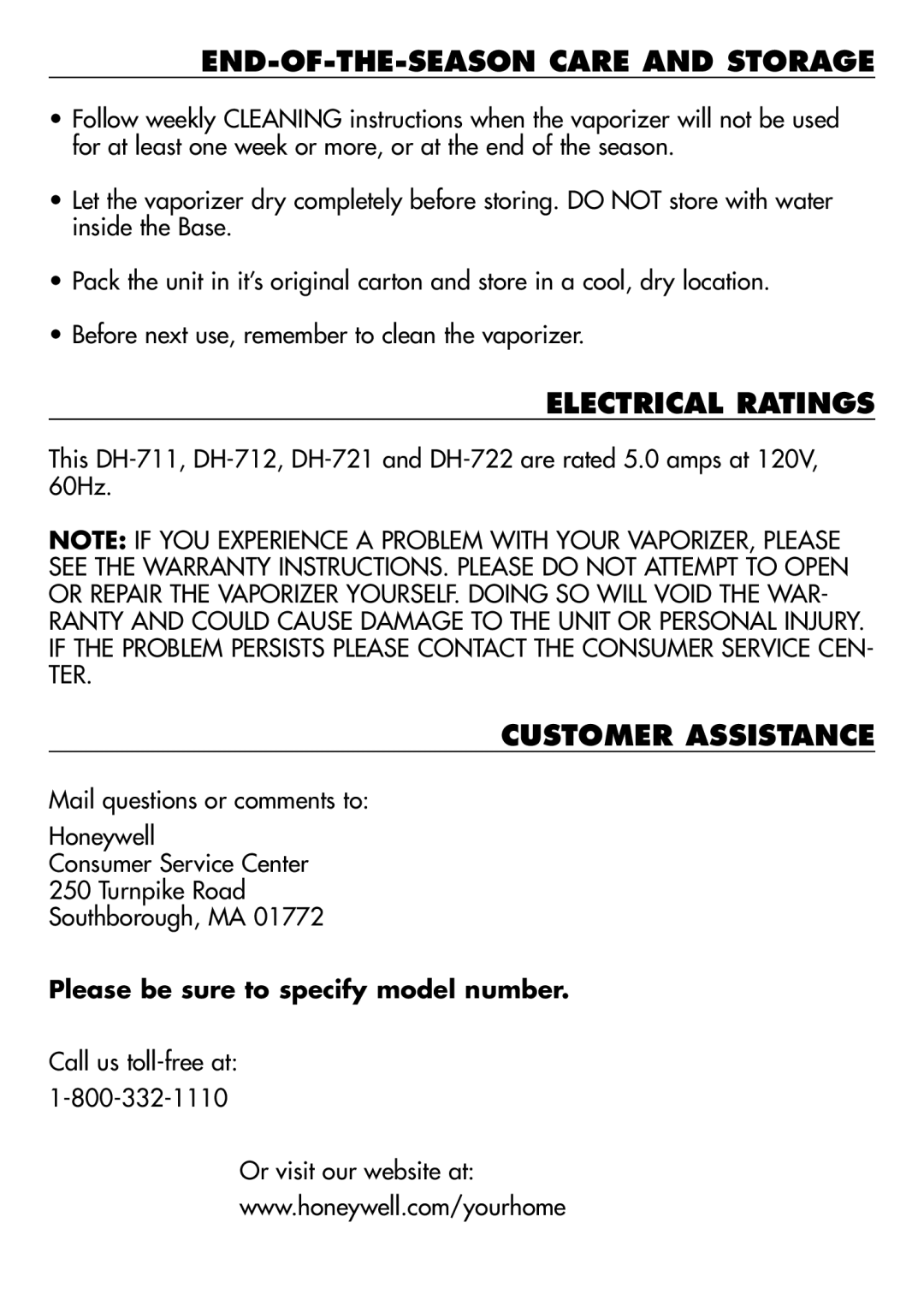 Duracraft DH-711, DH-721, DH-712, DH-722 END-OF-THE-SEASON Care and Storage, Electrical Ratings, Customer Assistance 