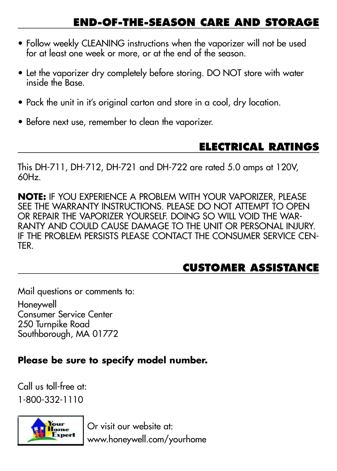 Duracraft DH-711, DH-721, DH-712, DH-722 End-Of-The-Season Care And Storage, Electrical Ratings, Customer Assistance 