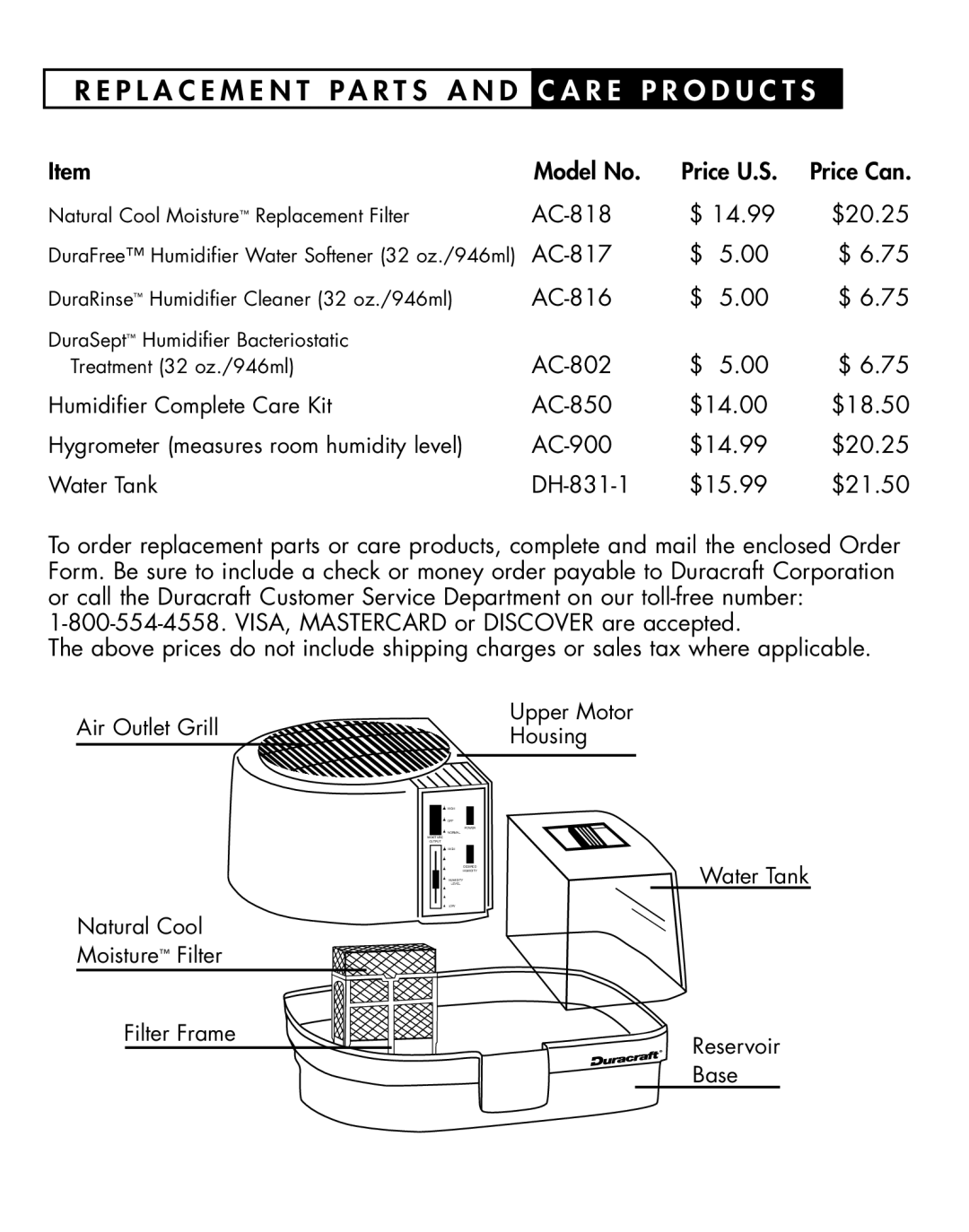 Duracraft DH-831 owner manual P L a C E M E N T P a R T S a N D C a R E P R O D U C T S 