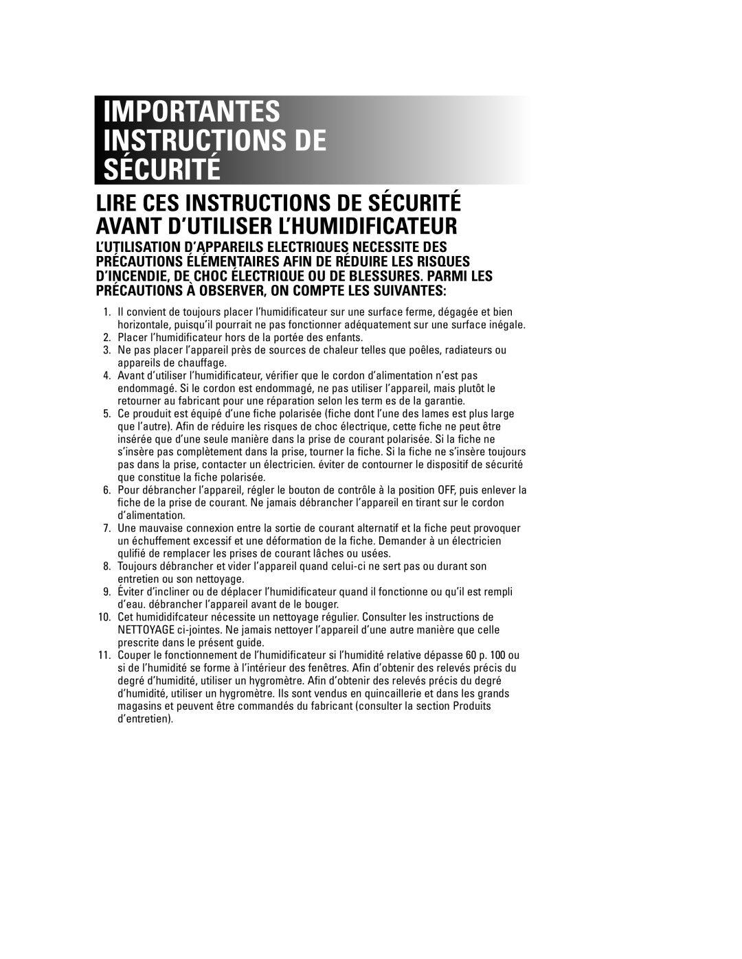 Duracraft DH-890 owner manual Importantes Instructions DE Sécurité 