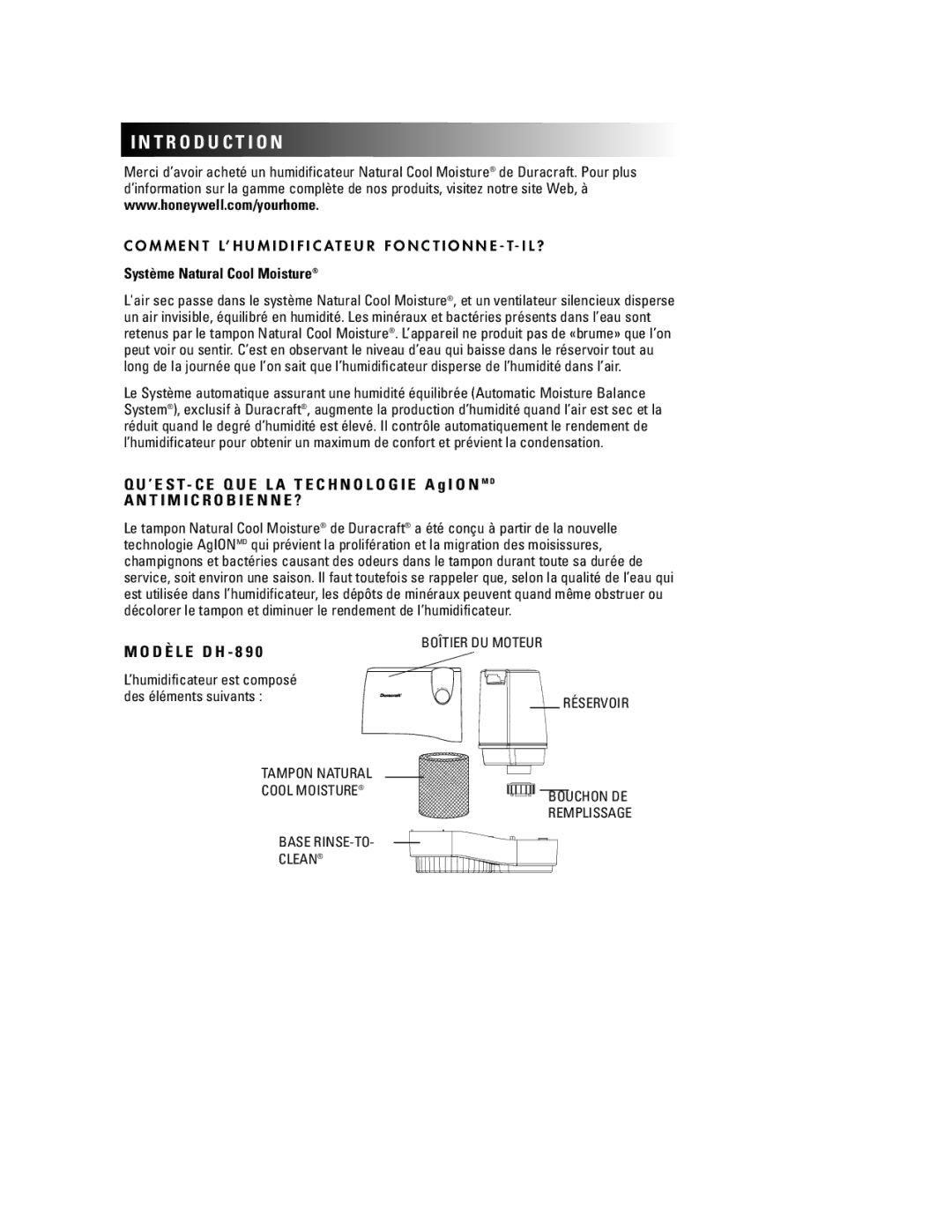 Duracraft DH-890 owner manual ’humidificateur est composé, Des éléments suivants 