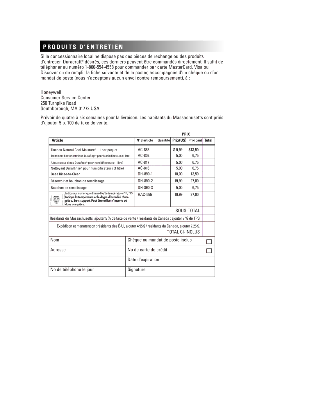 Duracraft DH-890 owner manual O D U I T S D ’ E N T R E T I E N, Prix 