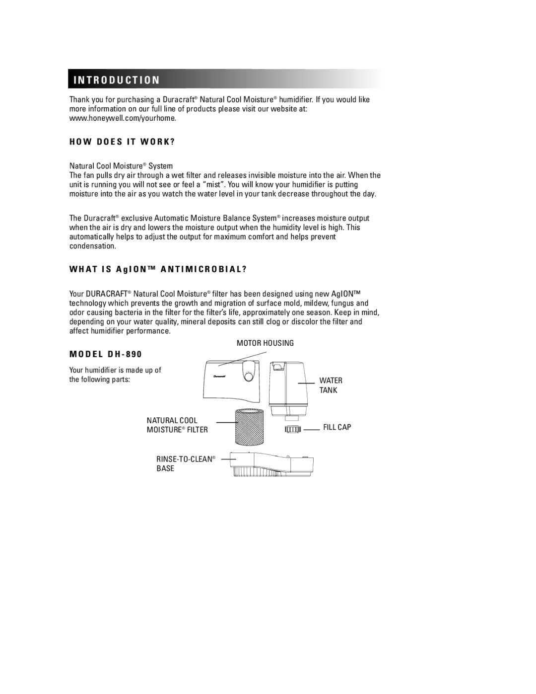 Duracraft DH-890 owner manual T R O D U C T I O N, Natural Cool Moisture System 