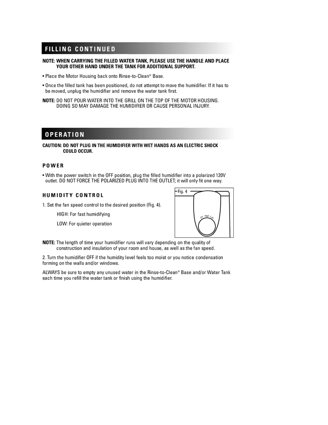 Duracraft DH-890 owner manual L L I N G C O N T I N U E D, E R At I O N 