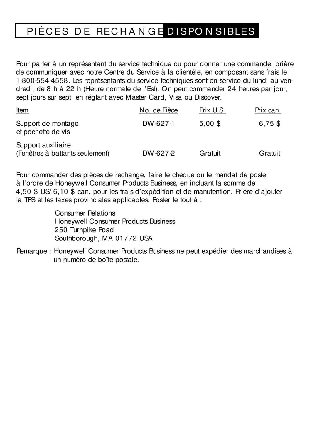 Duracraft DW-627 owner manual È C E S D E R E C H a N G E D I S P O N S I B L E S 