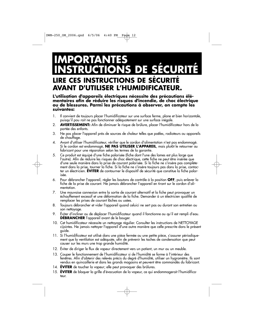 Duracraft DWM-250 owner manual Importantes Instructions DE Sécurité 