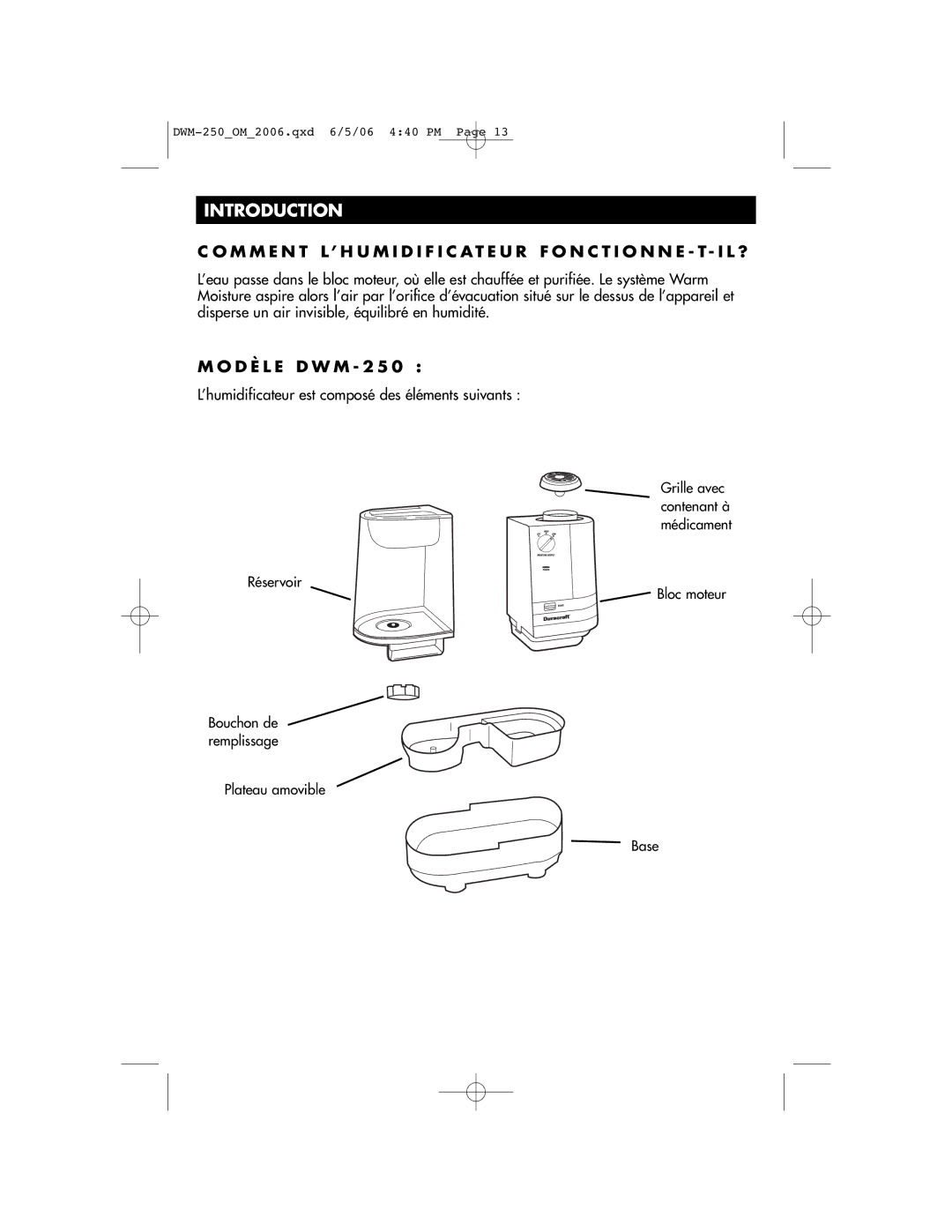 Duracraft DWM-250 owner manual D È L E D W M 2 5, ’humidificateur est composé des éléments suivants 