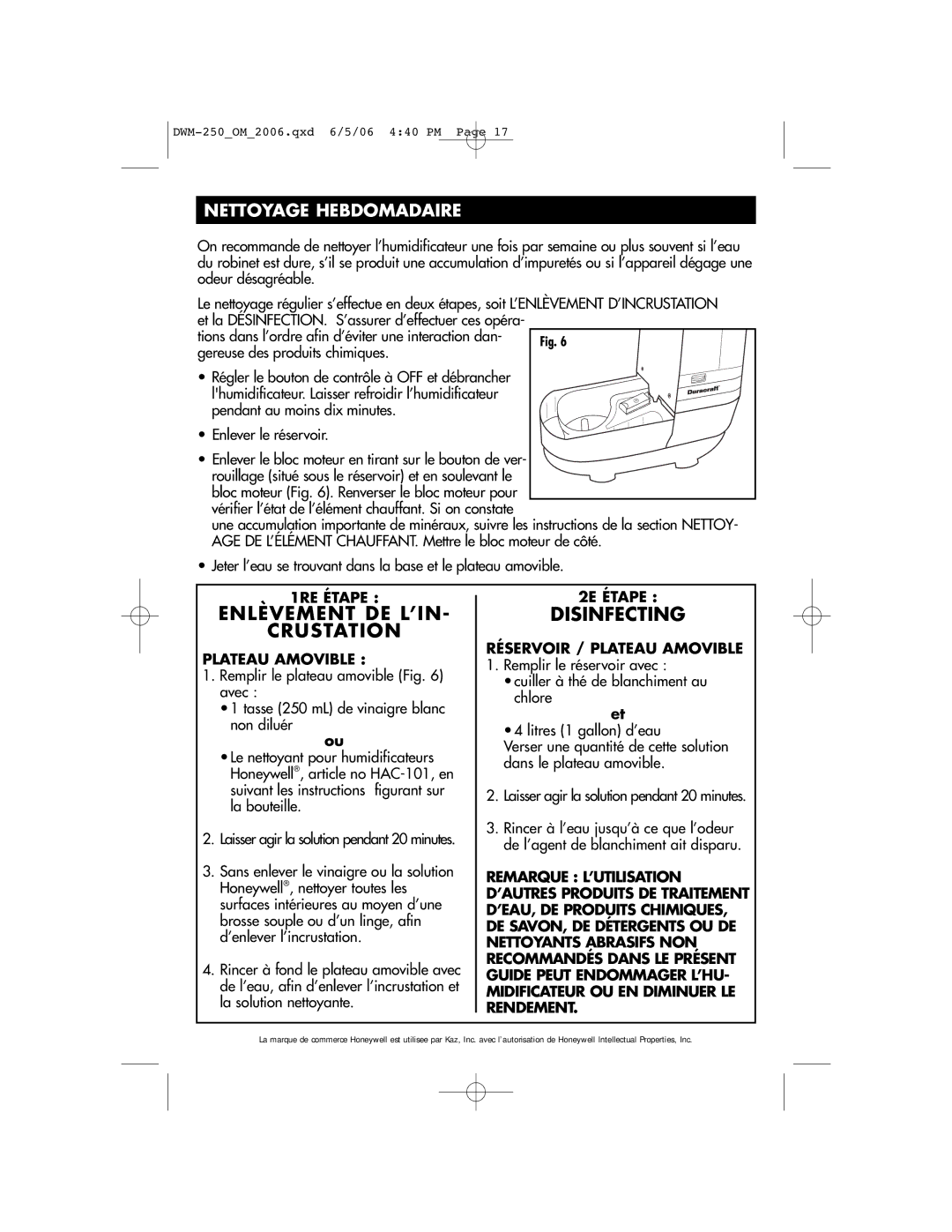 Duracraft DWM-250 owner manual Nettoyage Hebdomadaire, 1RE Étape, 2E Étape, Réservoir / Plateau Amovible 