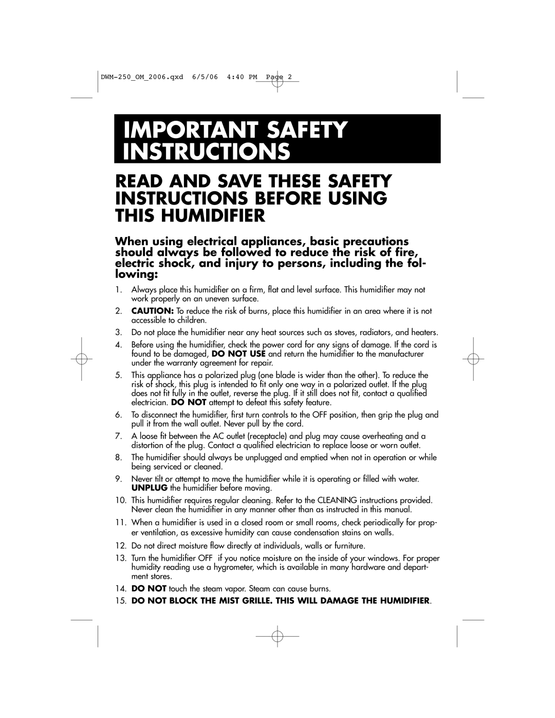 Duracraft DWM-250 owner manual Important Safety Instructions 