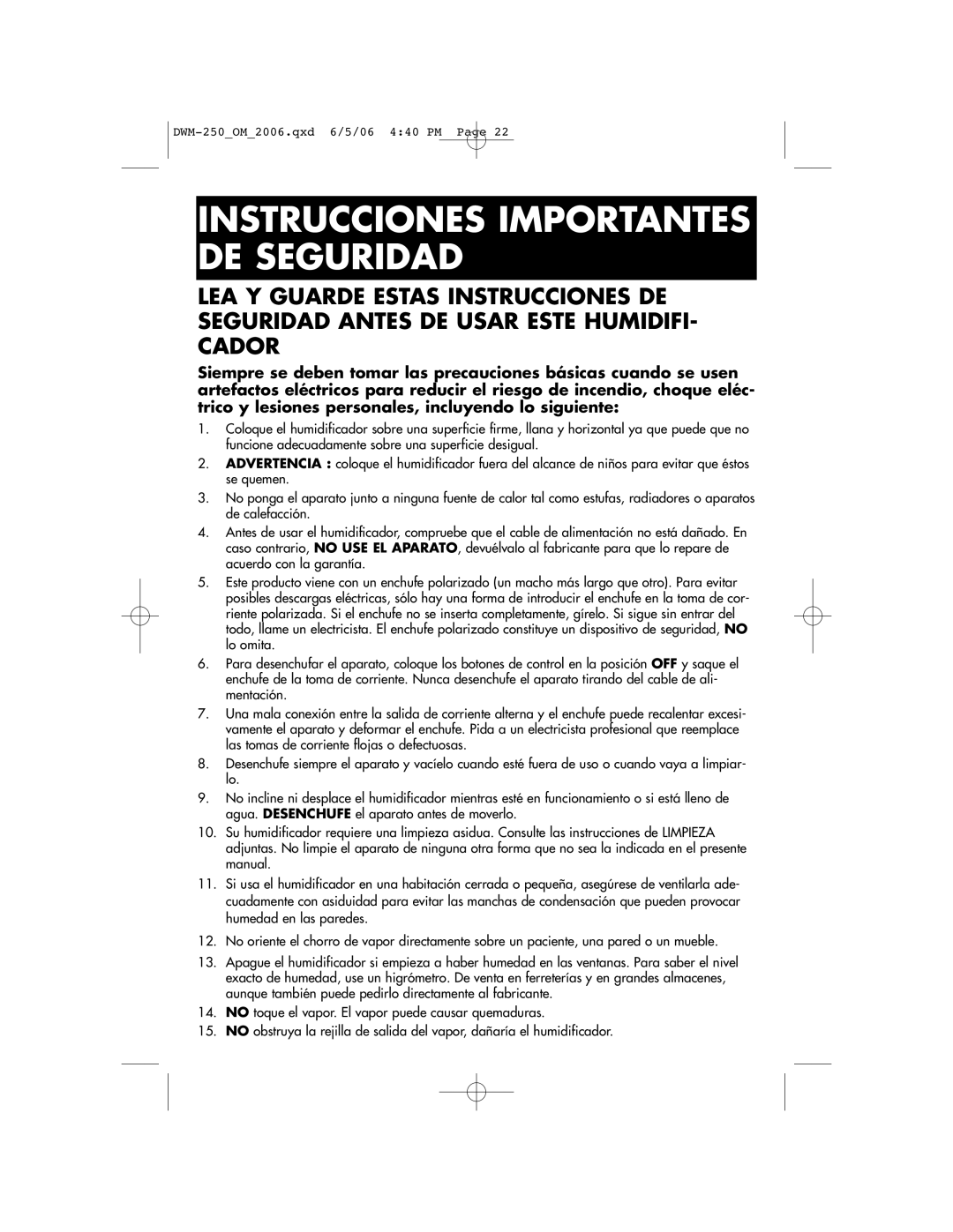 Duracraft DWM-250 owner manual Instrucciones Importantes DE Seguridad 