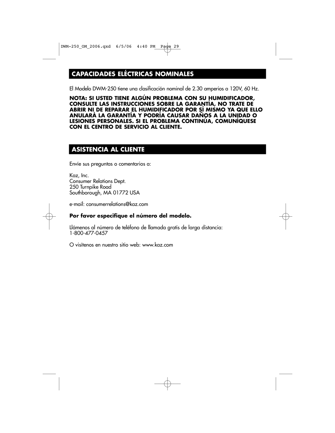 Duracraft DWM-250 Capacidades Eléctricas Nominales, Asistencia AL Cliente, Por favor especifique el número del modelo 