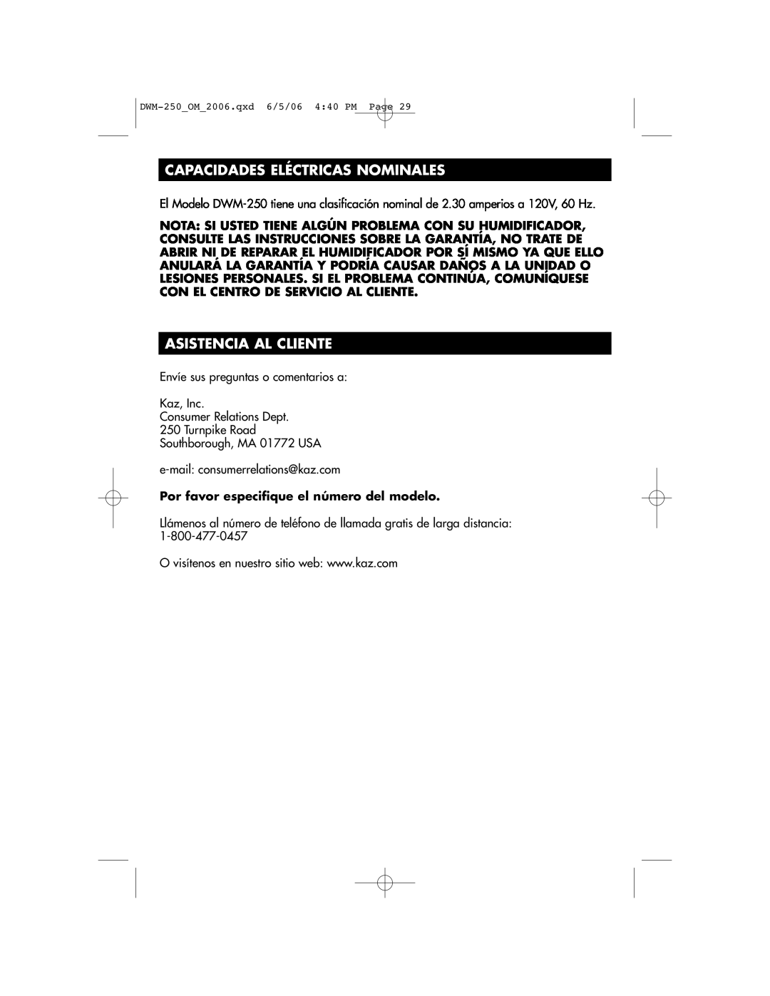 Duracraft DWM-250 owner manual Capacidades Eléctricas Nominales, Asistencia Al Cliente 