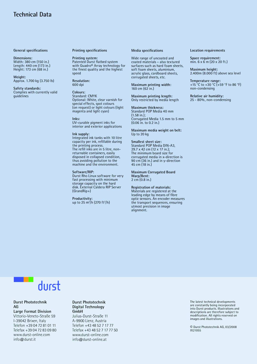 Durst 160 manual Space requirement, Maximum height, Weight, Resolution, Temperature range, Safety standards, Colours, Inks 