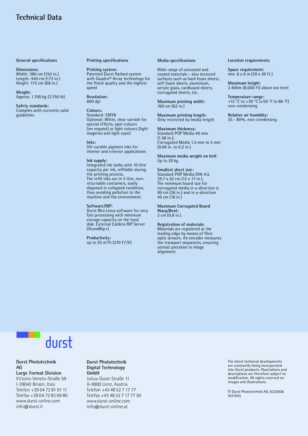 Durst 160 Technical Data, Durst Phototechnik, Digital Technology, Large Format Division, GmbH, Vittorio-Veneto-Straße 