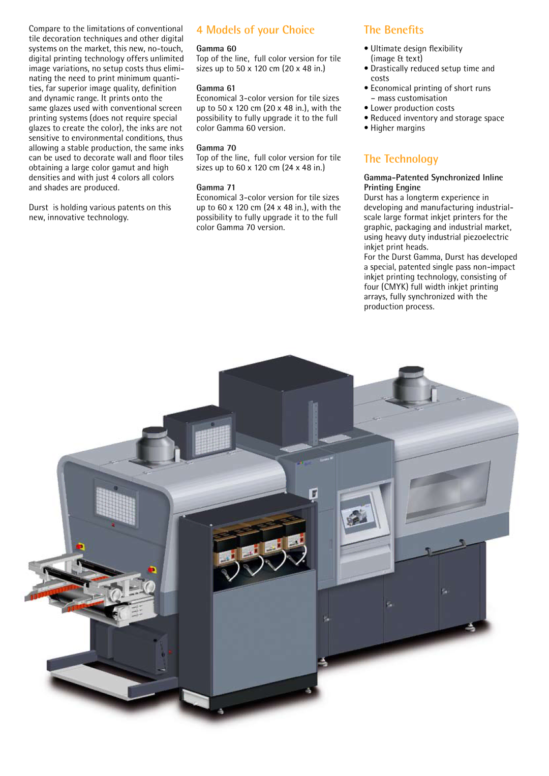 Durst Gamma 60/61 manual Models of your Choice, Benefits, Technology, Gamma-Patented Synchronized Inline Printing Engine 