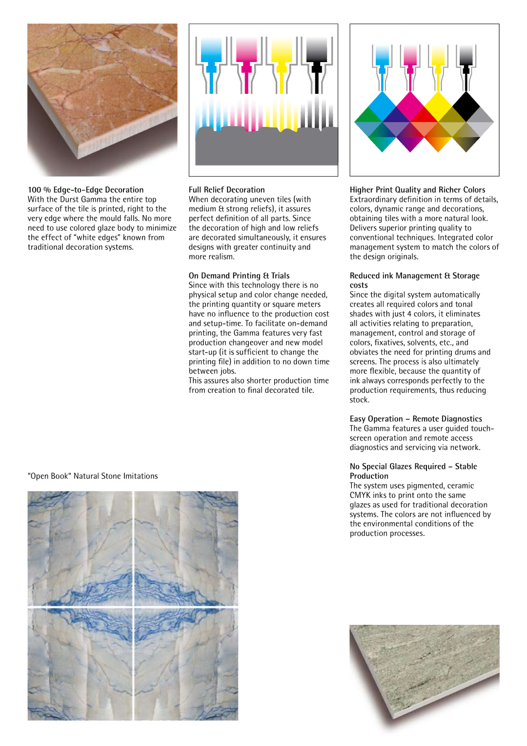 Durst Gamma 70/71, Gamma 60/61 Open Book Natural Stone Imitations, Full Relief Decoration, On Demand Printing & Trials 