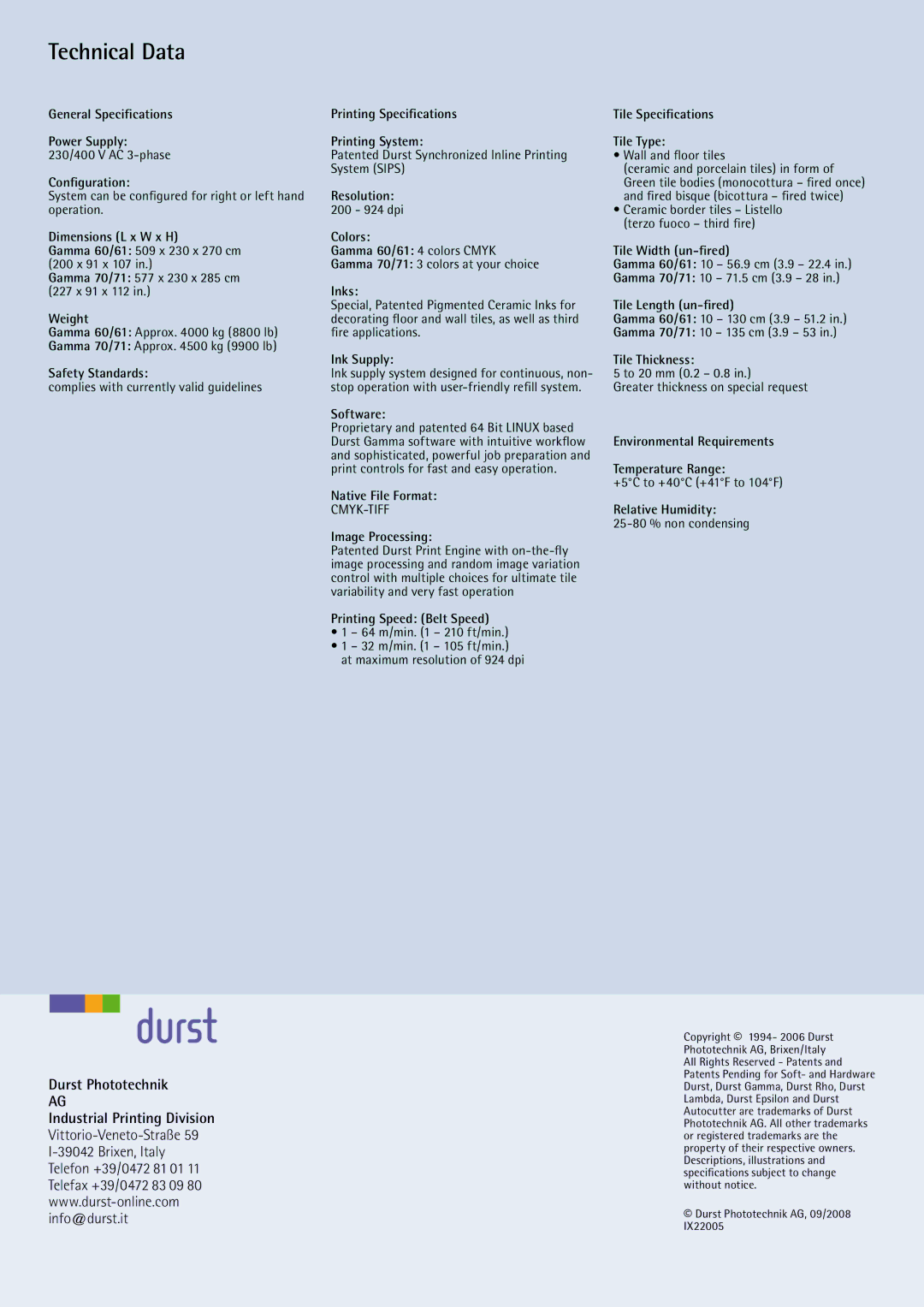 Durst Gamma 60/61, Gamma 70/71 manual Technical Data, Durst Phototechnik 