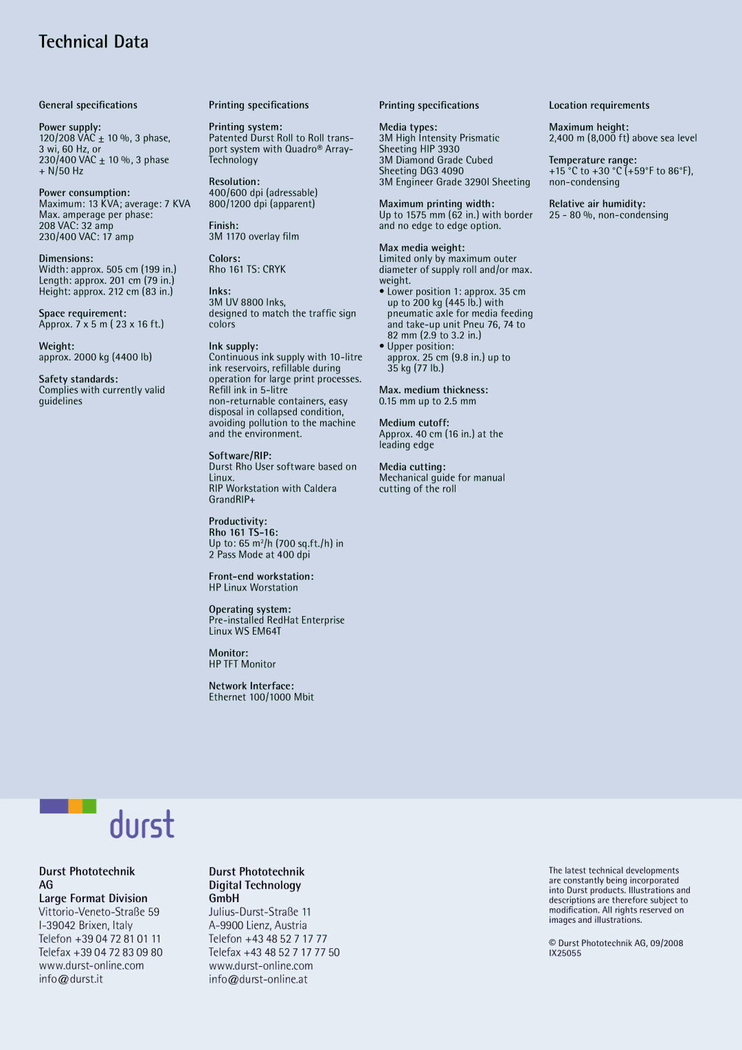 Durst Rho 161 TS warranty Technical Data 