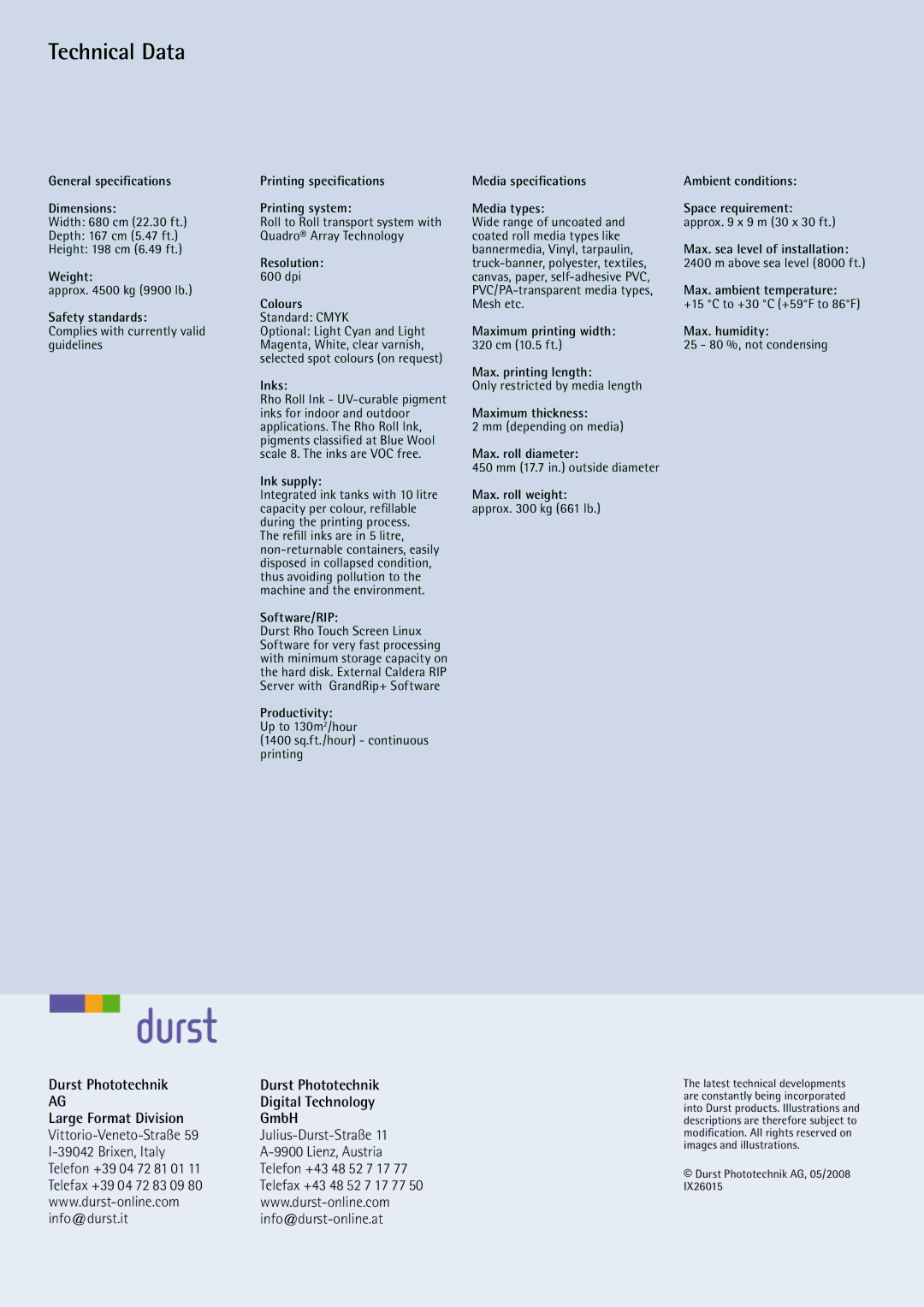 Durst Rho 320R manual Technical Data, Telefax +39 04 72 83 09, Info@durst.it Info@durst-online.at 