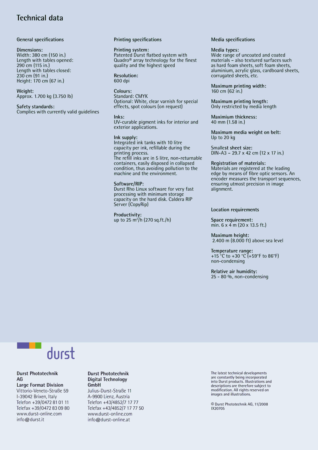 Durst Rho 600 Pictor manual Technical data 