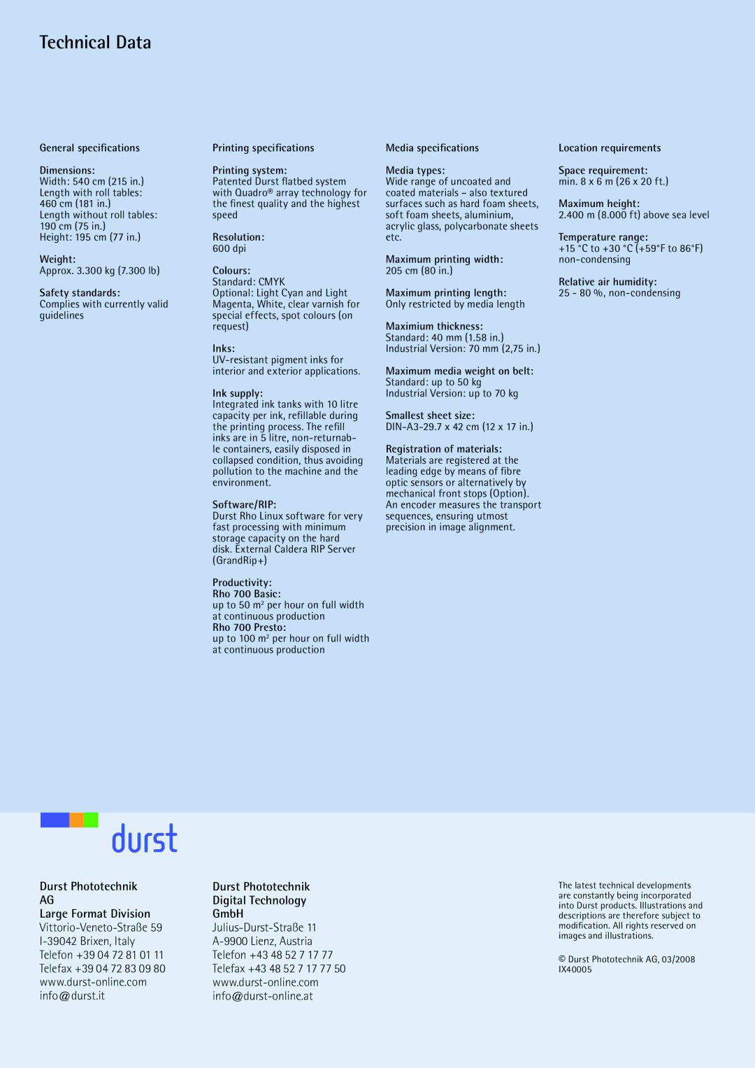 Durst Rho 700 manual Telefax +39 04 72 83 09, Info@durst.it Info@durst-online.at 