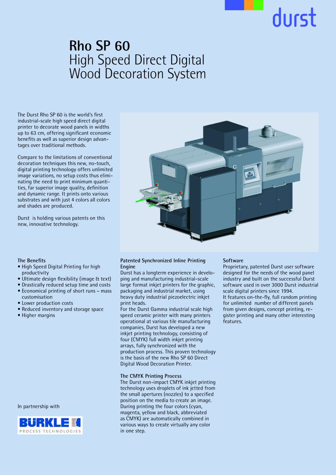 Durst Rho SP 60 manual Beneﬁts, Patented Synchronized Inline Printing Engine, Cmyk Printing Process, Software 