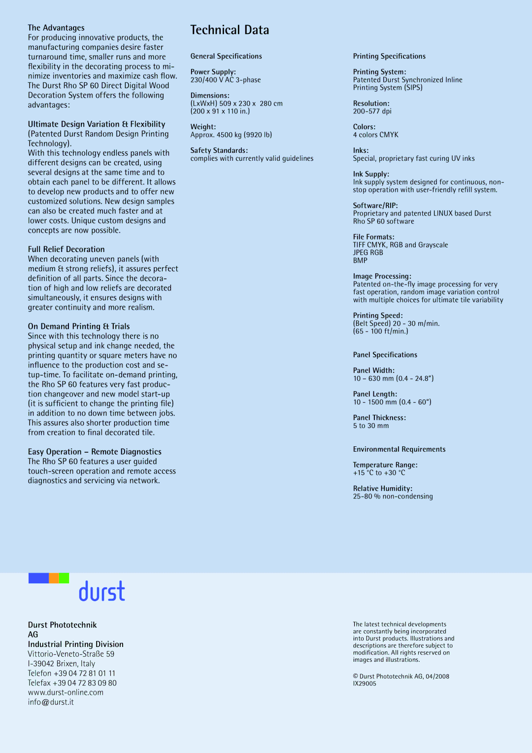 Durst Rho SP 60 manual Advantages, Full Relief Decoration, On Demand Printing & Trials, Durst Phototechnik 