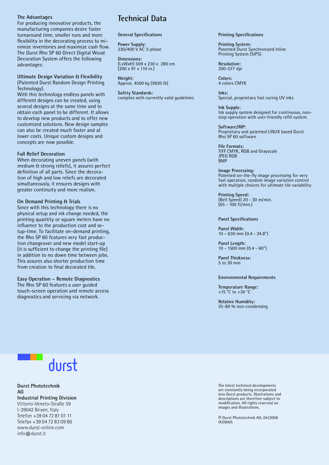 Durst Rho SP 60 The Advantages, Full Relief Decoration, On Demand Printing & Trials, Durst Phototechnik AG, Technical Data 